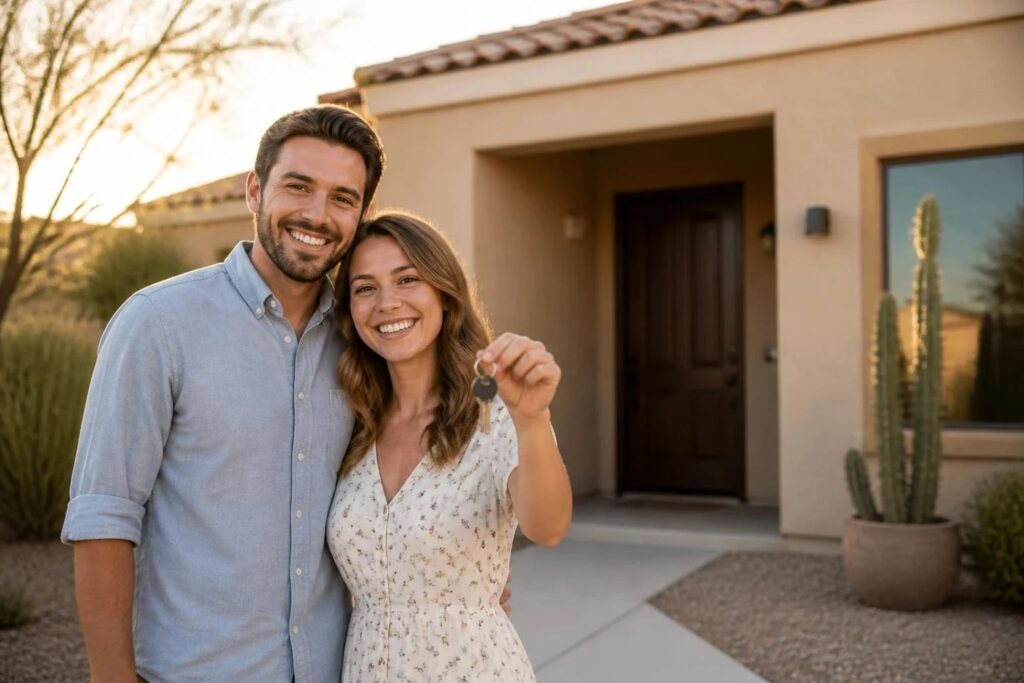 Happy couple holding the keys to their new home